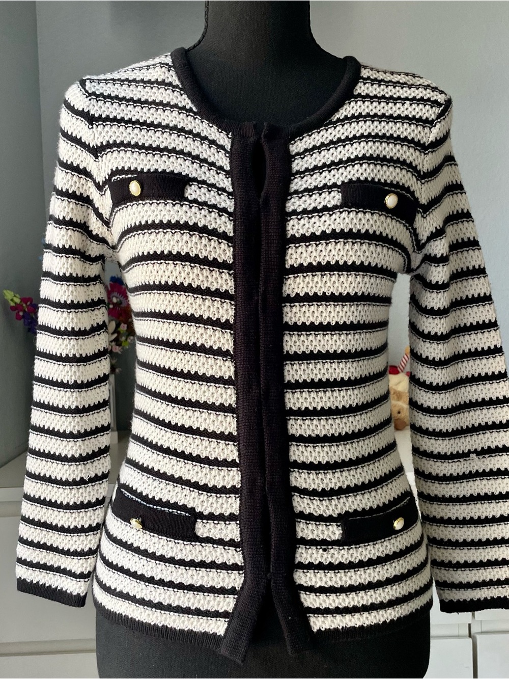 Forever 21 Black White Striped Knit Cardigan Sweater Women's Size Small